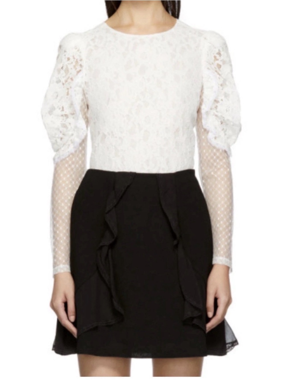 SEE by Chloe Floral Lace Puff Sleeve Blouse Sz 38 6 Sheer Ruffle Crew Neck White